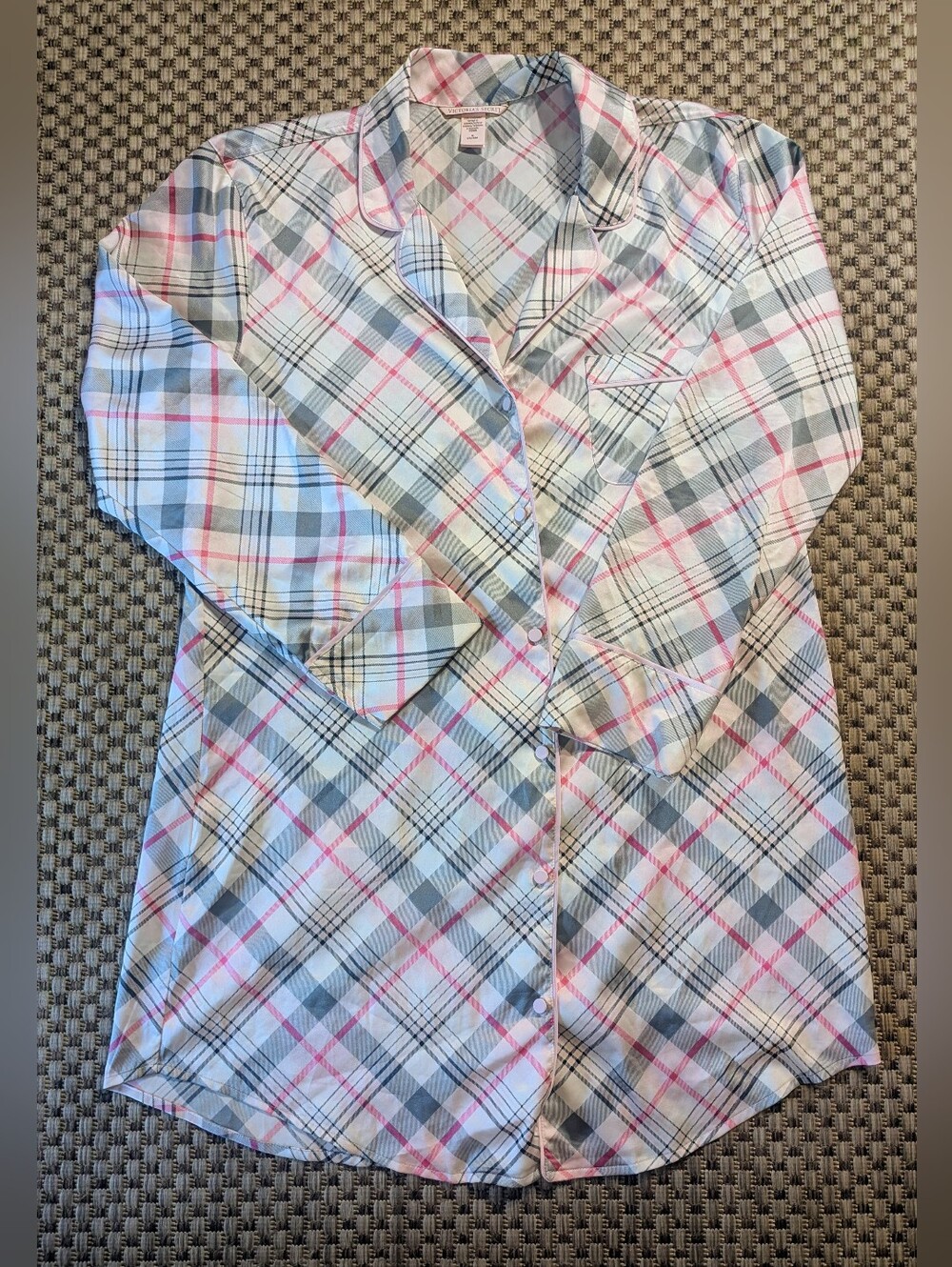 Victoria's Secret Satin Plaid Pink and Gray Collared Button Up Sleep Shirt M